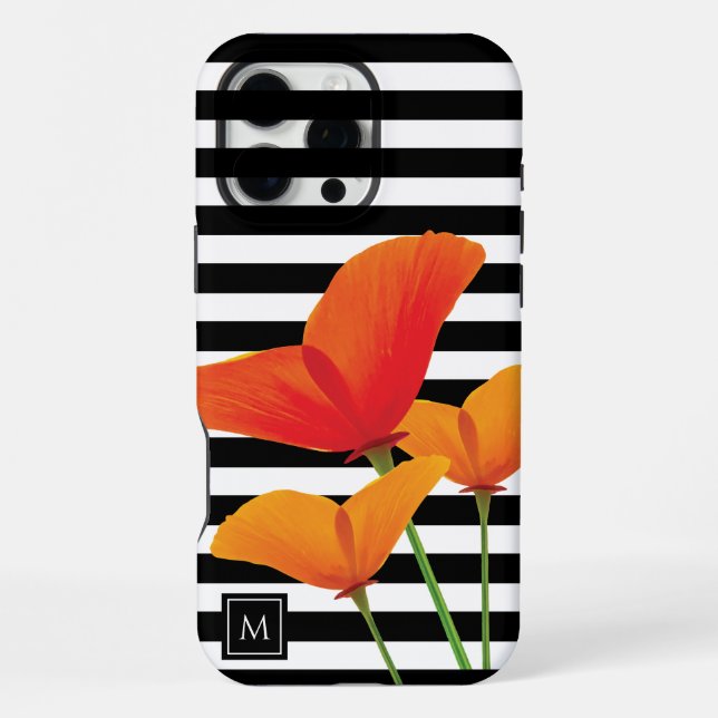 Poppy Chic Black Stripes Monogram iPhone Case (Back)