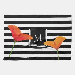 Poppy Chic Black Stripes Monogram Kitchen Towel