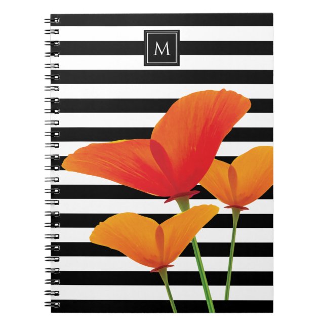 Poppy Chic Black Stripes Monogram Notebook (Front)
