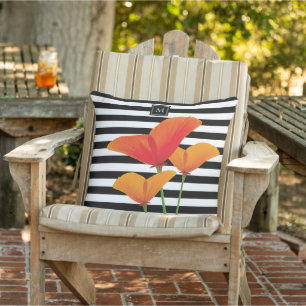 Poppy Chic Black Stripes Monogram Outdoor Pillow