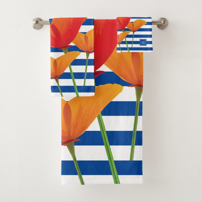 Poppy Chic Blue Stripes Monogram Bath Towel Set (Insitu)