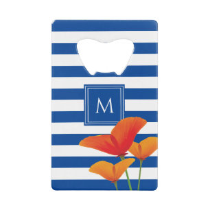 Poppy Chic Blue Stripes Monogram Credit Card Bottle Opener