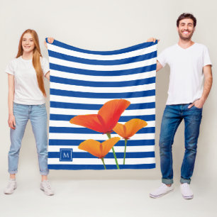 Poppy Chic Blue Stripes Monogram Fleece Blanket