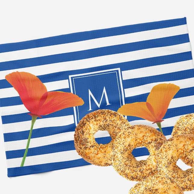 Poppy Chic Blue Stripes Monogram Kitchen Towel (Creator Uploaded)