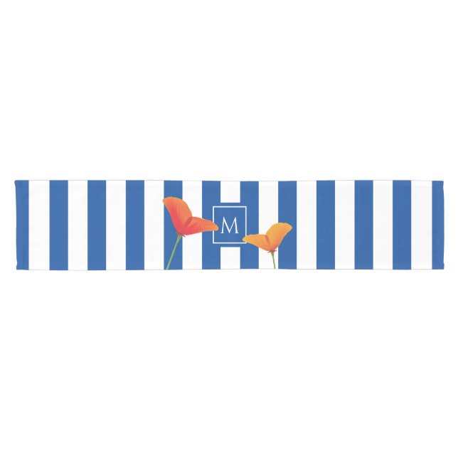 Poppy Chic Blue Stripes Monogram Short Table Runner (Horizontal)