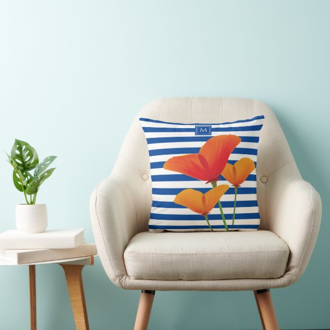 Poppy Chic Blue Stripes Monogram Throw Pillow (Chair)