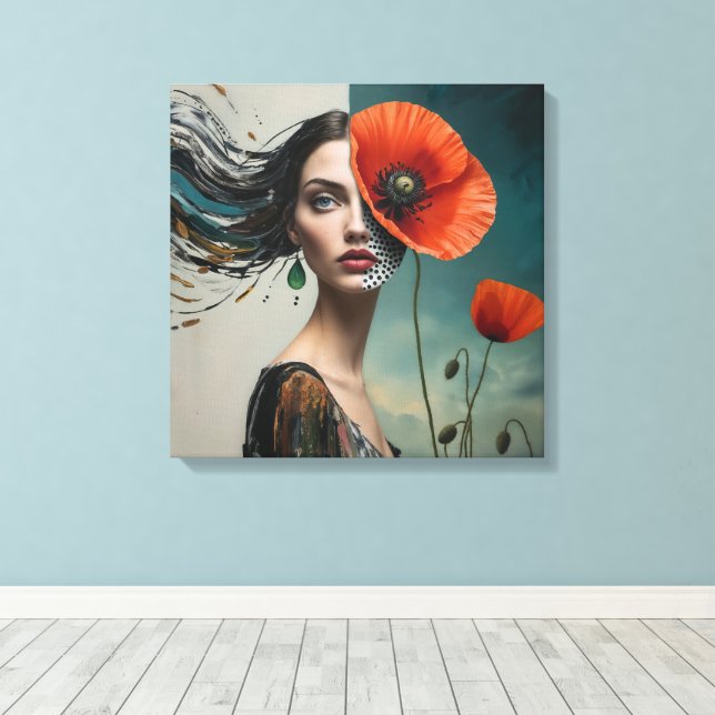 Poppy collage portrait  canvas print (Insitu(Wood Floor))