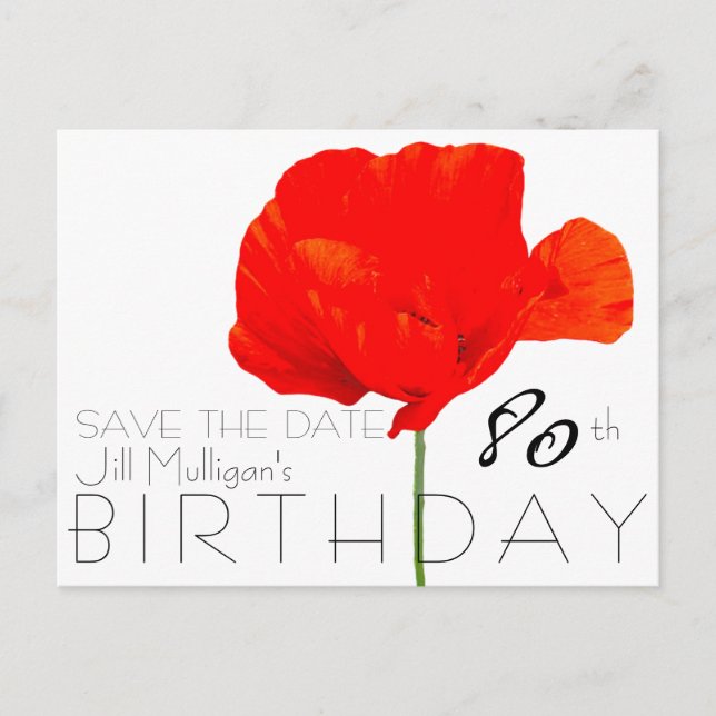 POPPY Collection 80th Birthday Save the Date Announcement Postcard (Front)