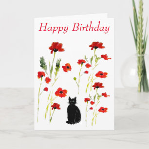 Poppy Cute Black Cat Floral Card