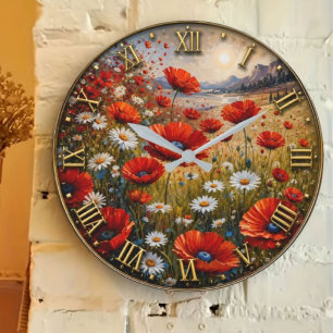 Poppy Daisy Wildflower Meadow Scenic Landscape Large Clock