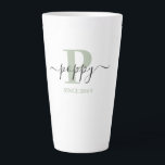 Poppy Elegant Script Monogram Silver Green Latte Mug<br><div class="desc">Latte mug for a new poppy or long established dad, which you can personalize with the date they became a father. This trendy minimalist design has a subtle colour palette of silver green, black and white. It has a poppy monogram, with the initial letter P and the name poppy, lettered...</div>