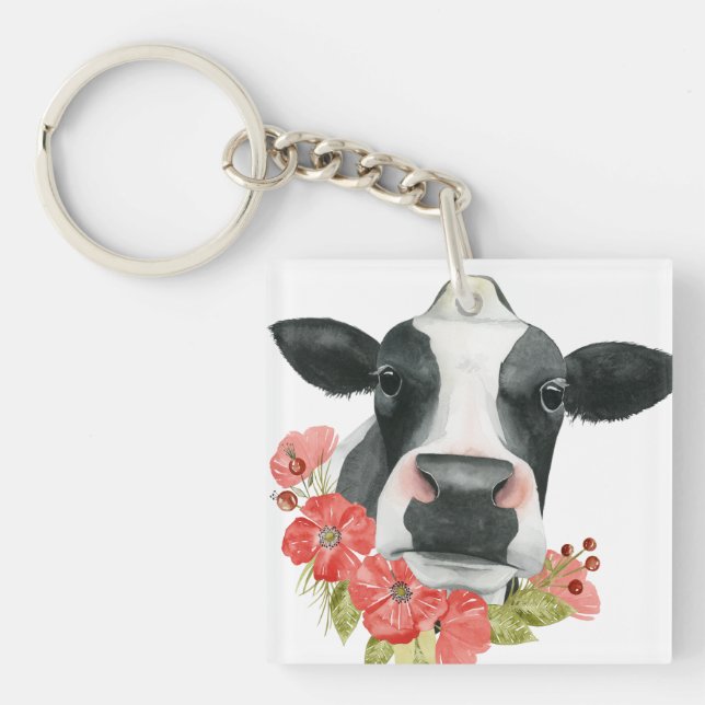 Poppy Farm - Cow with Flowers Keychain (Front)