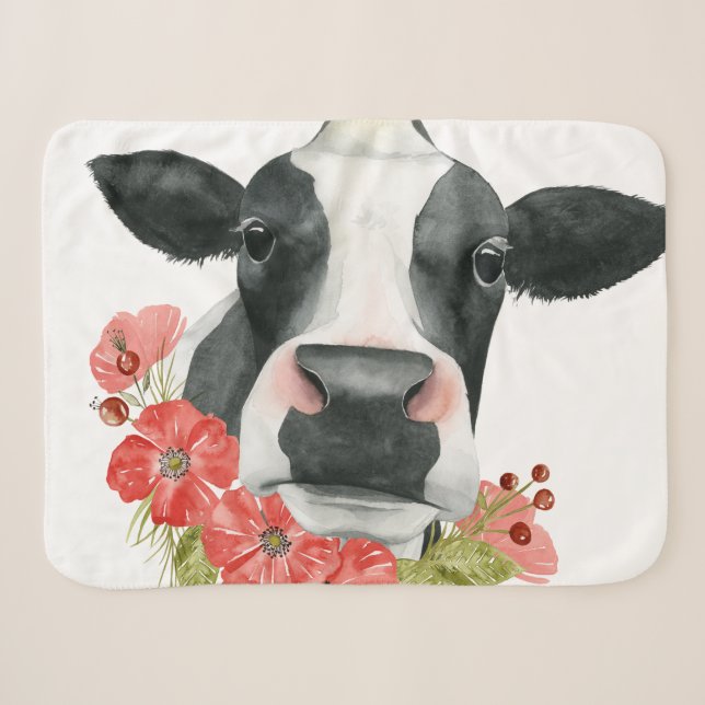 Poppy Farm - Cow with Flowers Sherpa Blanket (Front (Horizontal))