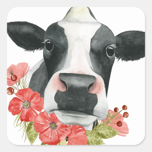 Poppy Farm - Cow with Flowers Square Sticker (Front)