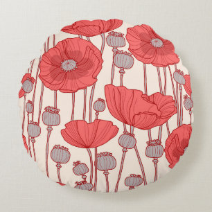 Poppy Field Dance: Seamless Floral Rhapsody Round Pillow