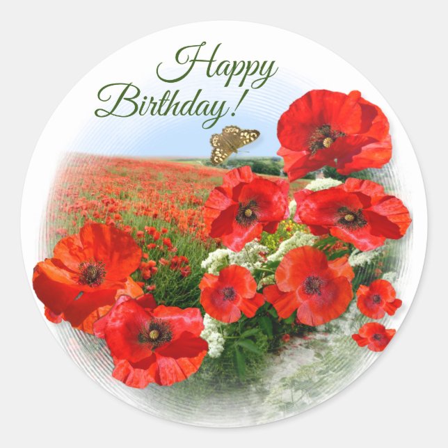 POPPY FIELD Happpy Birthday Classic Round Sticker (Front)