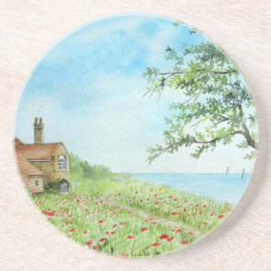 Poppy Field Landscape Watercolor Painting Coaster