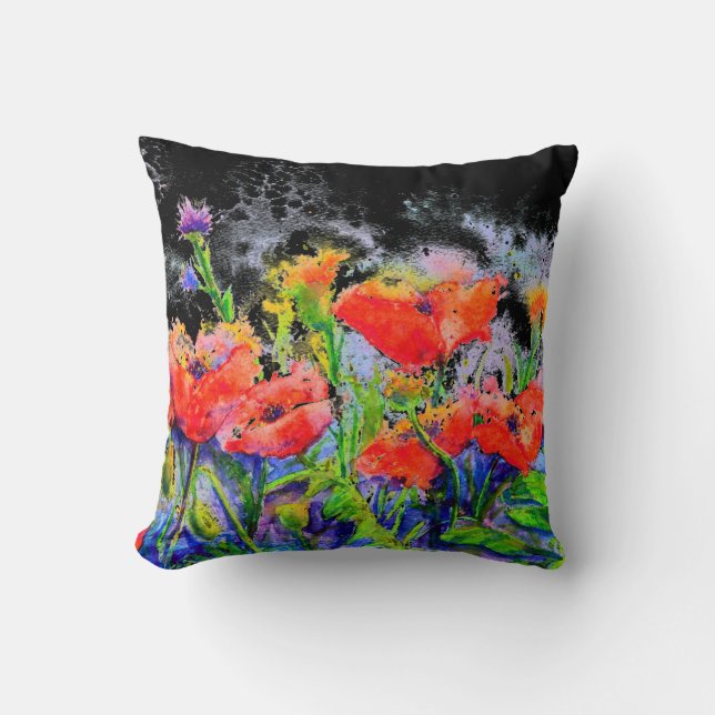 Poppy Fields -watercolor floral Throw Pillow (Front)