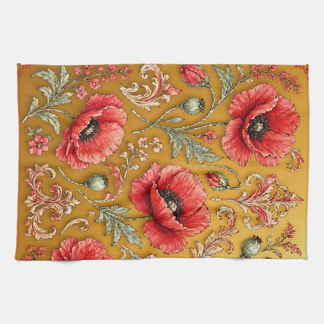 Poppy fleur golden design kitchen towel (Horizontal)
