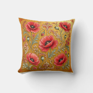 Poppy fleur golden design throw pillow