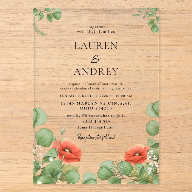 Poppy Floral Acrylic Wedding Invitation (Front)