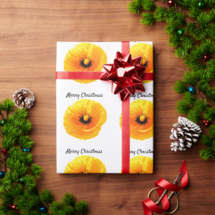 Poppy Floral Flower Pattern Merry Christmas Yellow Wrapping Paper