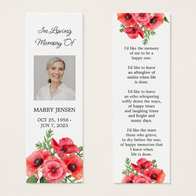 Poppy Floral Photo Funeral Memorial Bookmark (Devant & derrière)