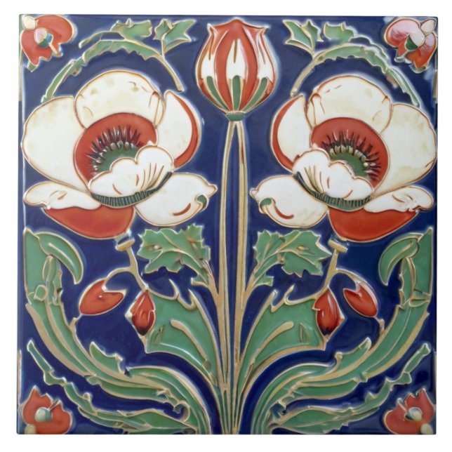 Poppy Flower Art Deco Nouveau European Folk Art Tile (Front)