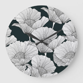 Poppy Flower, Black White Line. Large Clock