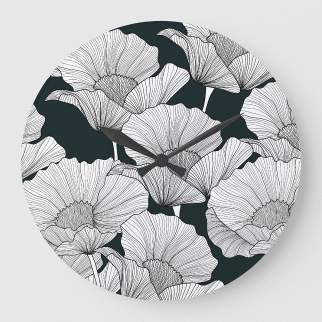 Poppy Flower, Black White Line. Large Clock (Front)