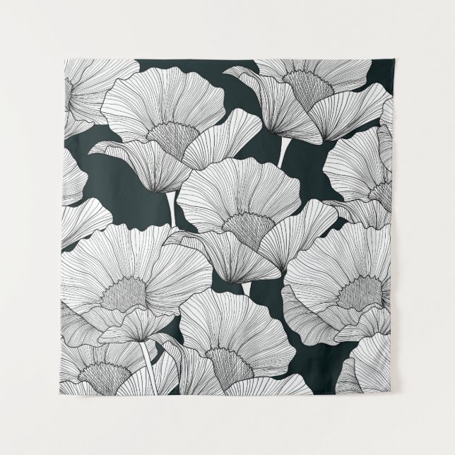 Poppy Flower, Black White Line. Tapestry (Front)