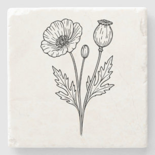 Poppy Flower Botanical Bloom Line Art Stone Coaster