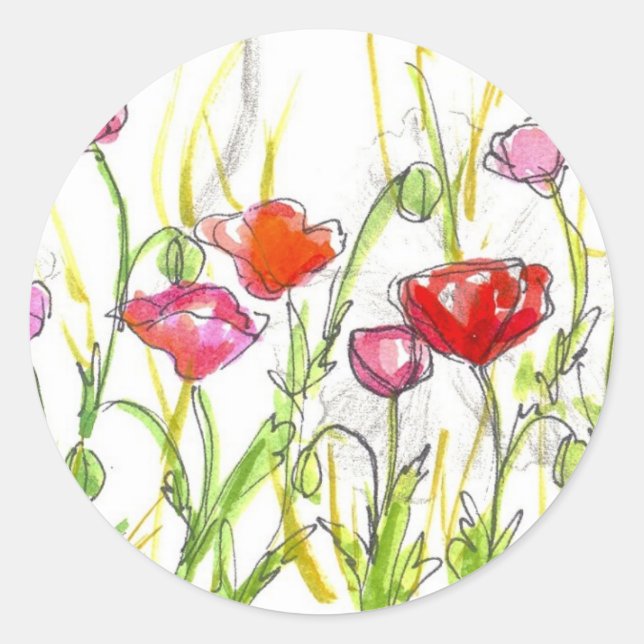Poppy Flower Fields Summer Wildflower Painting Classic Round Sticker (Front)