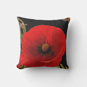 Poppy Flower Floral Abstract Art Garden Red Black Outdoor Pillow