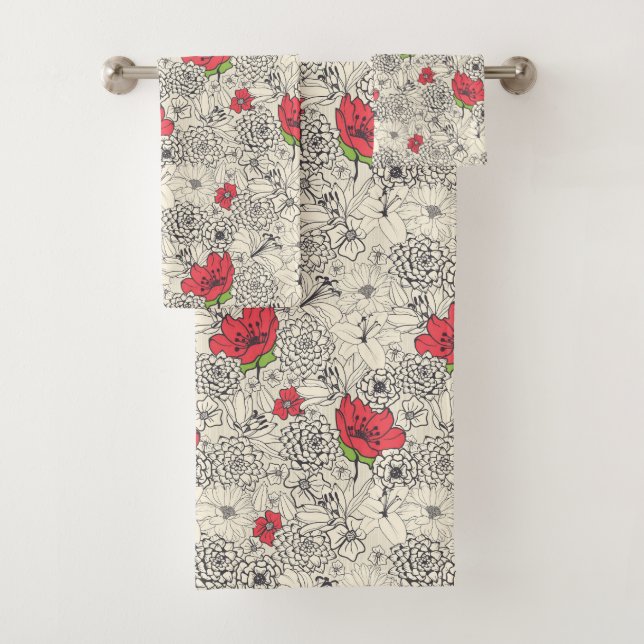 Poppy Flower Garden Pattern Bath Towel Set (Insitu)