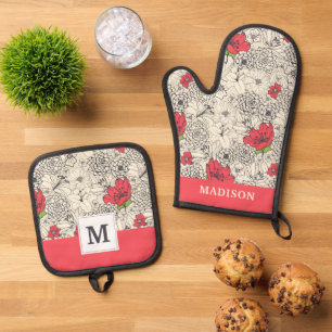 Poppy Flower Garden Pattern Oven Mitt & Pot Holder Set