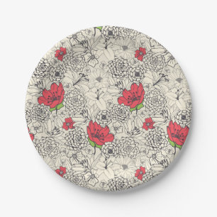 Poppy Flower Garden Pattern Paper Plate