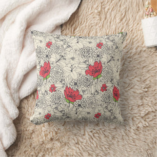 Poppy Flower Garden Pattern Throw Pillow