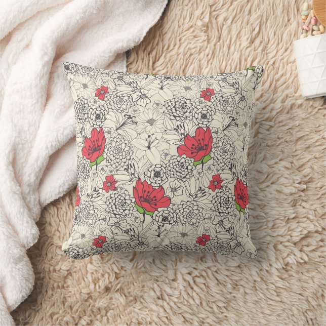 Poppy Flower Garden Pattern Throw Pillow (Blanket)
