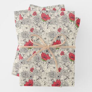 Poppy Flower Garden Pattern Wrapping Paper Sheet