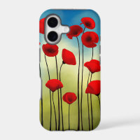 Poppy flower illustration, green field, blue sky