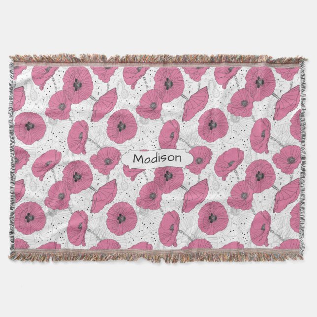 Poppy Flower Pattern custom name throw blanket (Front)