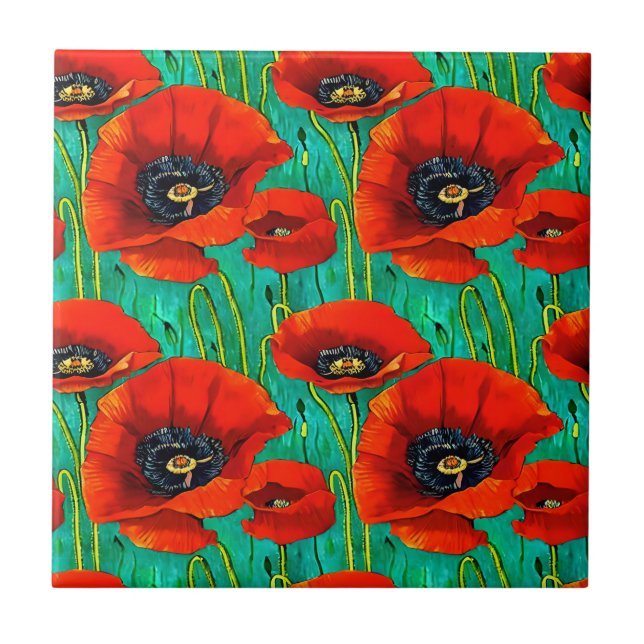 Poppy flower seamless pattern red green floral tile (Front)