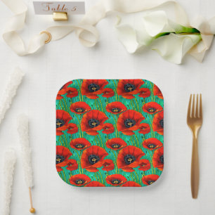Poppy flower summer spring wildflower remembrance  paper plate