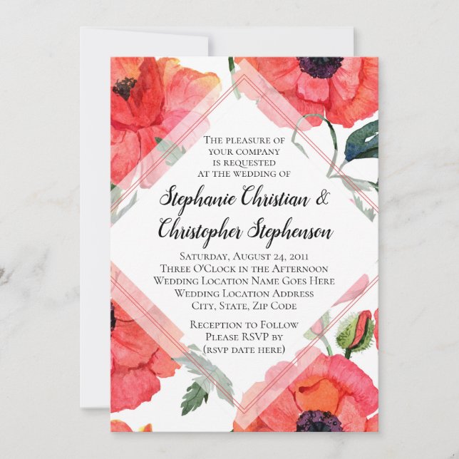 Poppy Flower Watercolor Red Floral Elegant Wedding Invitation (Front)