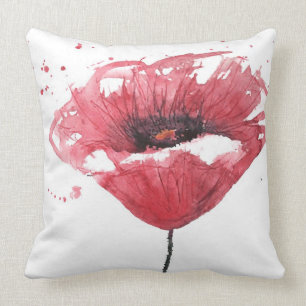 Poppy flower, watercolor throw pillow