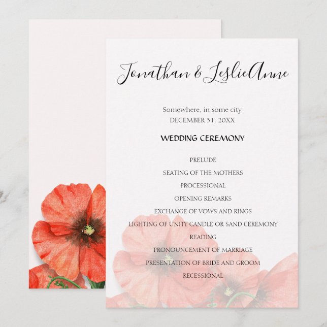 Poppy Flower Wedding Ceremony Program L2 (Front/Back)