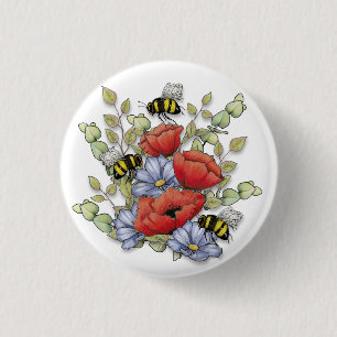 Poppy Flowers and Bees Digital Drawing, Botanical  1 Inch Round Button