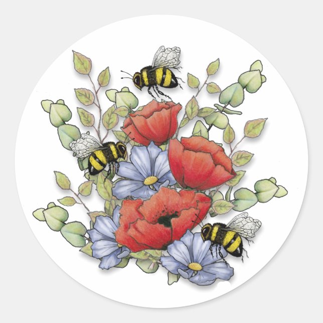 Poppy Flowers and Bees Digital Drawing, Botanical  Classic Round Sticker (Front)