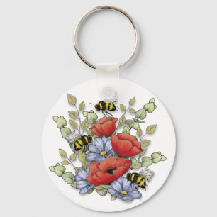 Poppy Flowers and Bees Digital Drawing, Botanical  Keychain